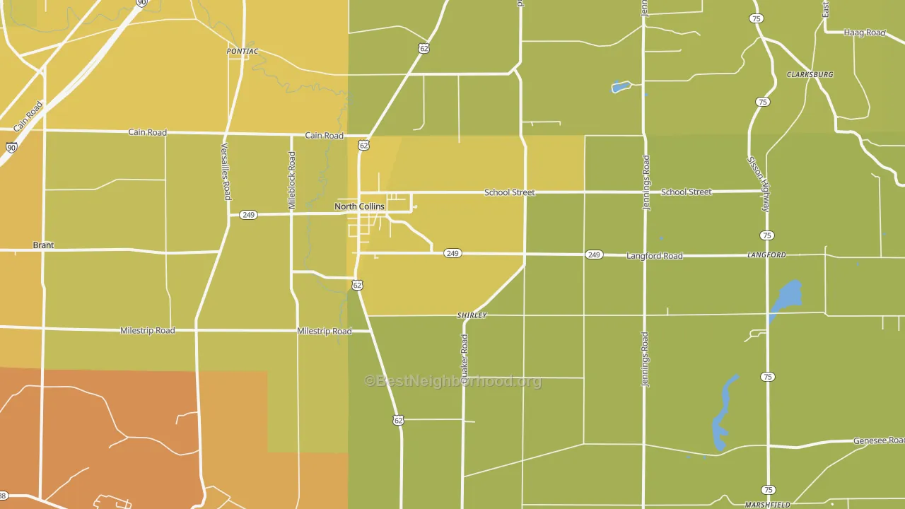 Map of the best neighborhoods in the 14111 area, with better matches in green and worse matches in red