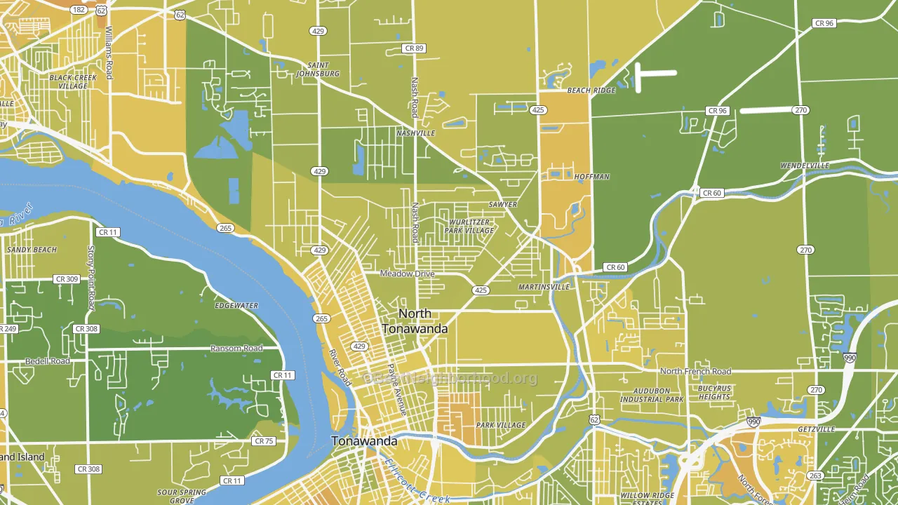 Map of the best neighborhoods in the 14120 area, with better matches in green and worse matches in red