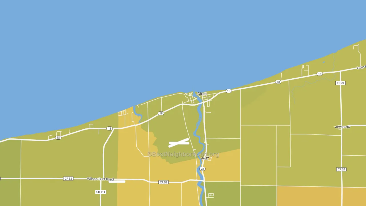 Map of the best neighborhoods in the 14126 area, with better matches in green and worse matches in red