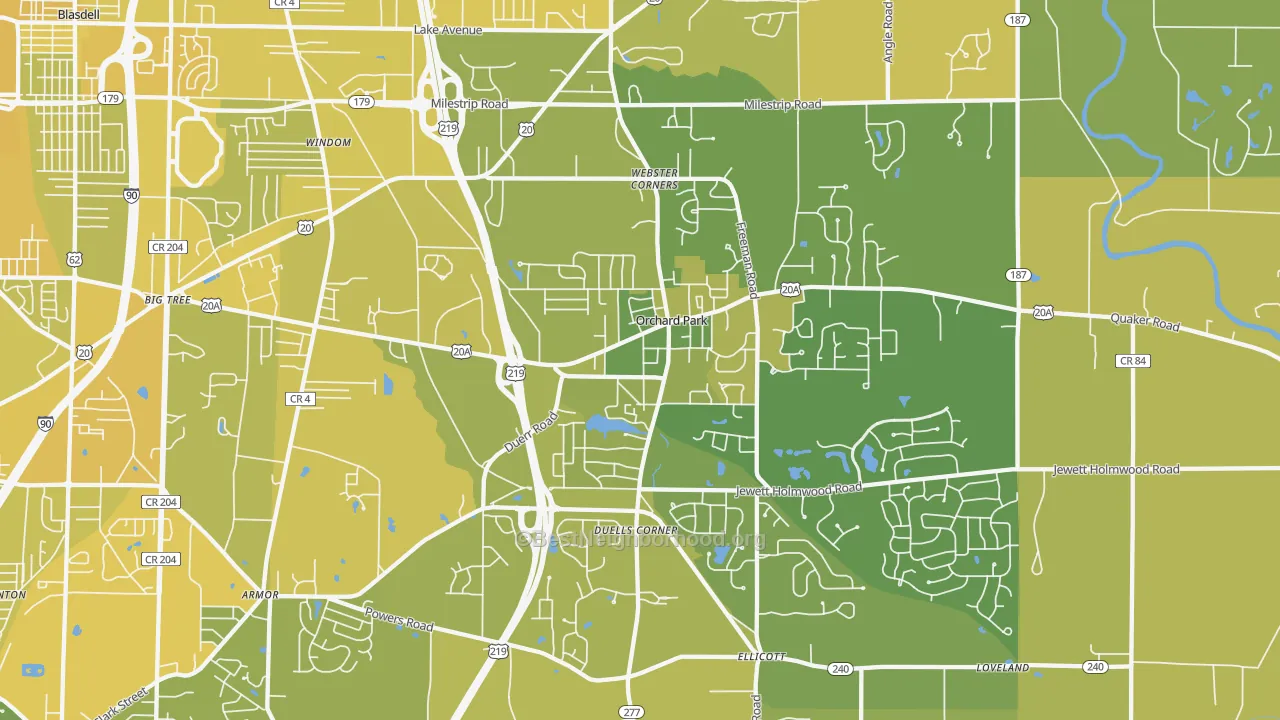 Map of the best neighborhoods in the 14127 area, with better matches in green and worse matches in red