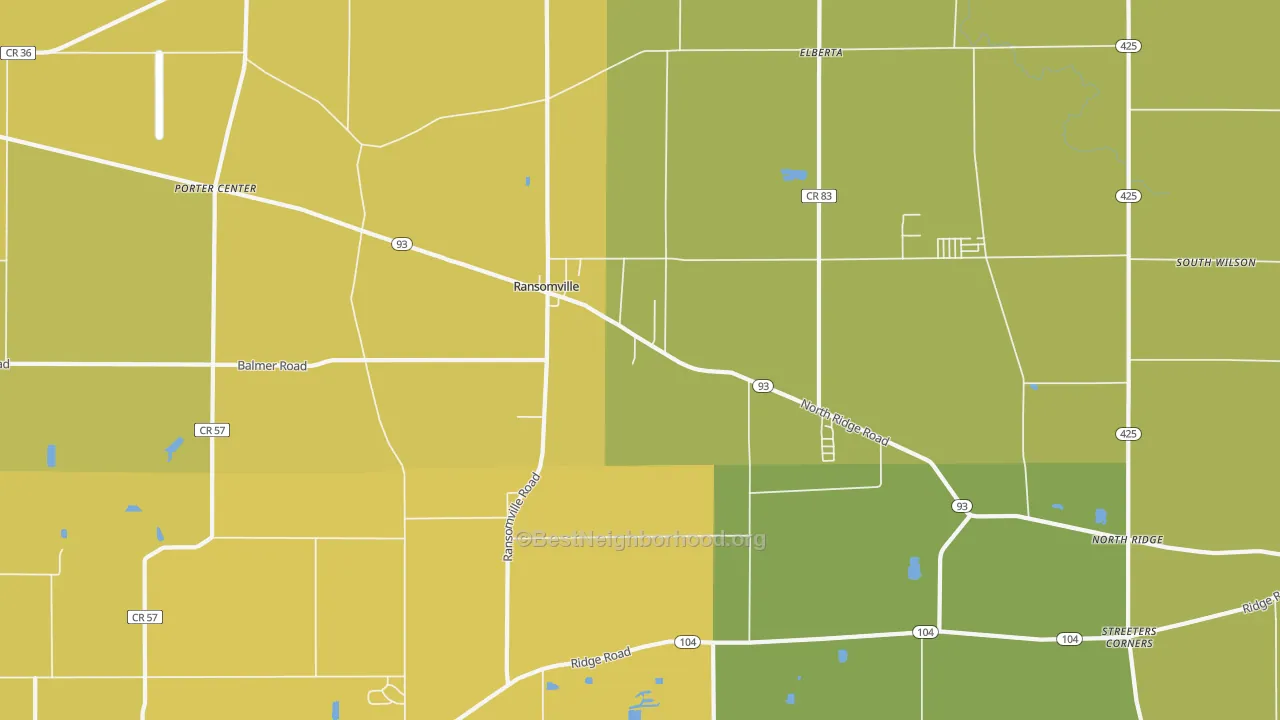 Map of the best neighborhoods in the 14131 area, with better matches in green and worse matches in red