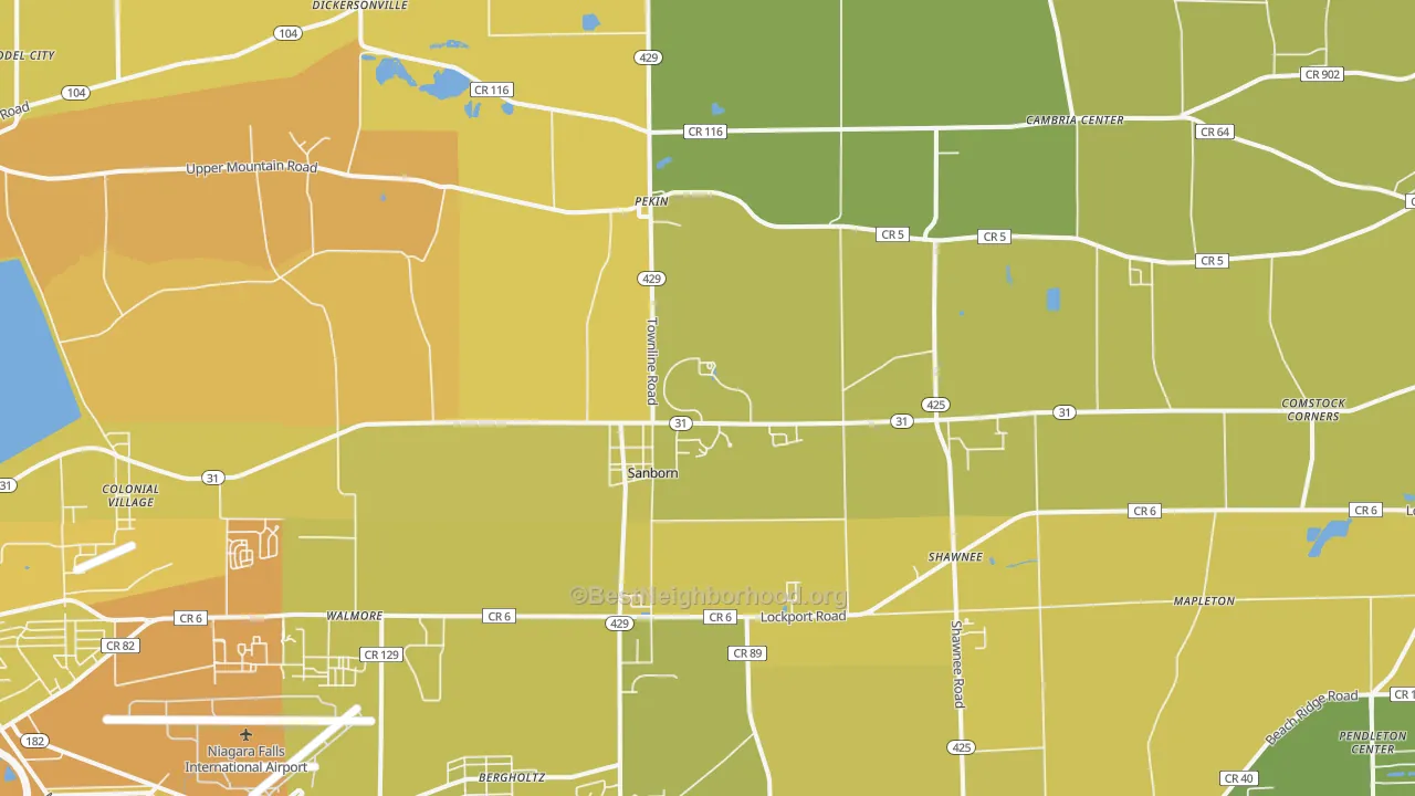 Map of the best neighborhoods in the 14132 area, with better matches in green and worse matches in red