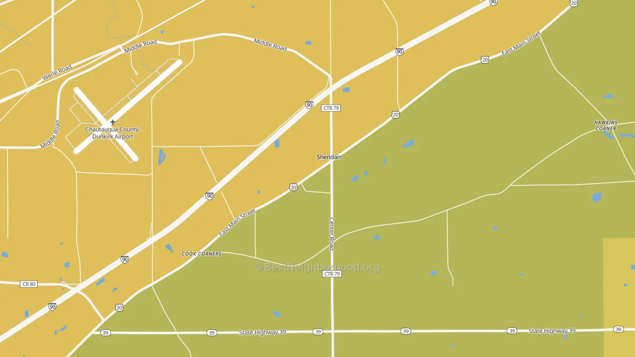 Map of the best neighborhoods in the 14135 area, with better matches in green and worse matches in red