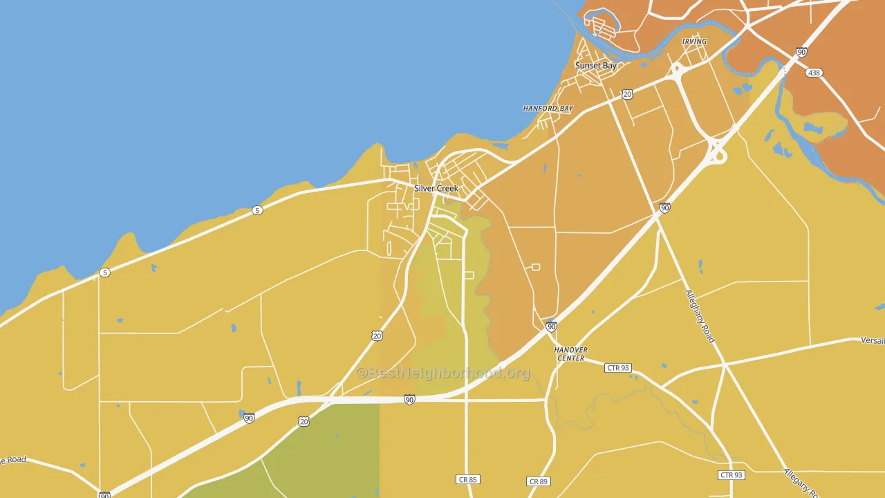 Map of the best neighborhoods in the 14136 area, with better matches in green and worse matches in red