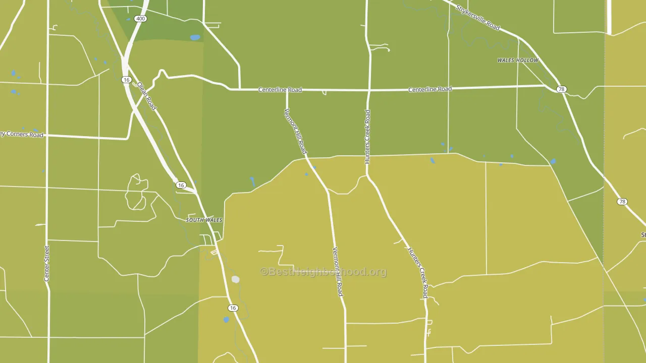 Map of the best neighborhoods in the 14139 area, with better matches in green and worse matches in red
