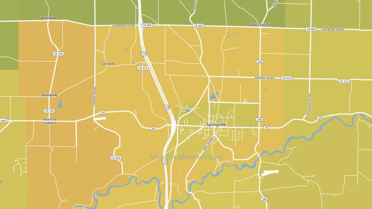 Map of the best neighborhoods in the 14141 area, with better matches in green and worse matches in red