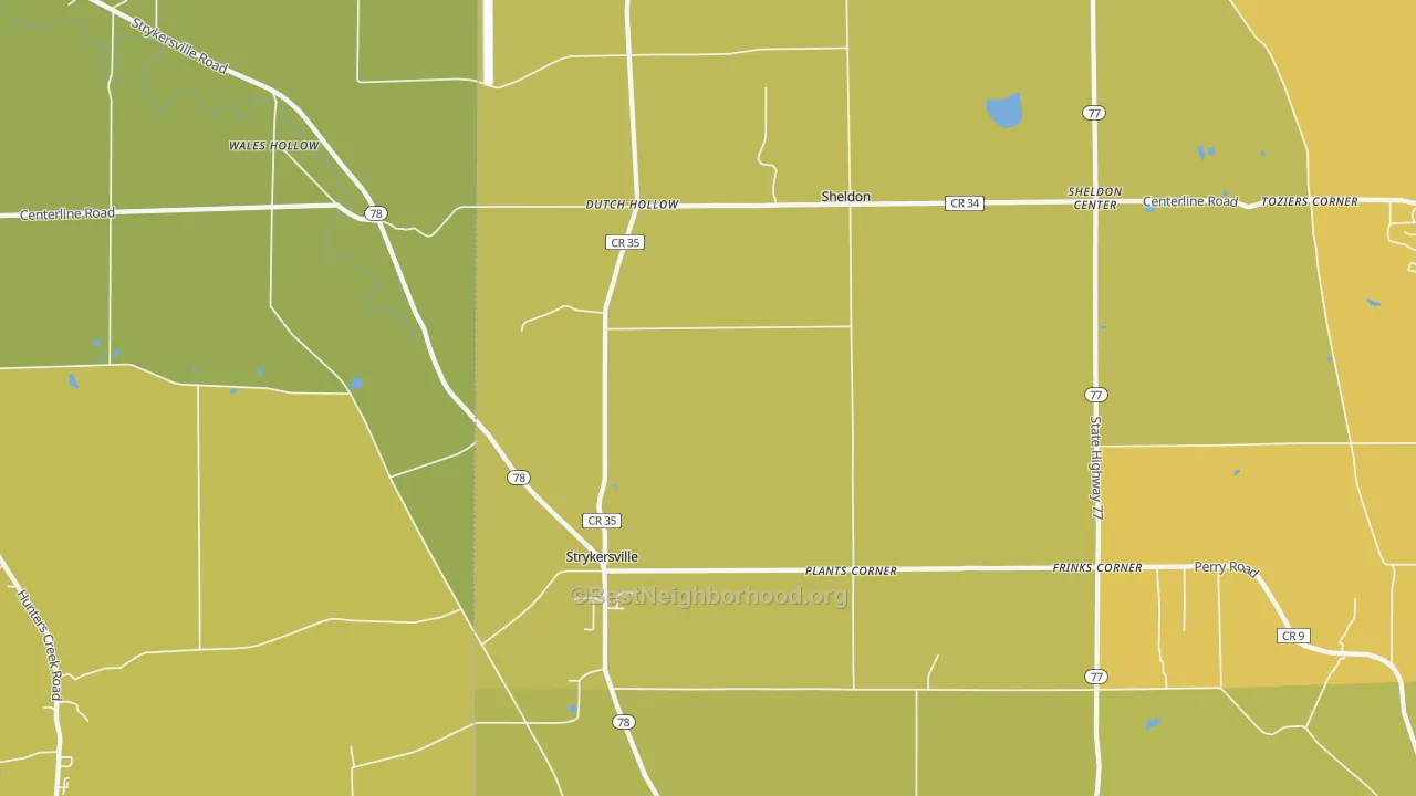 Map of the best neighborhoods in the 14145 area, with better matches in green and worse matches in red