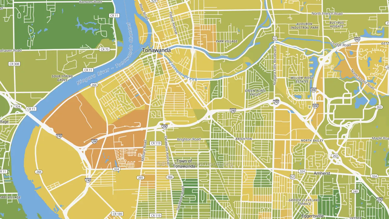 Map of the best neighborhoods in the 14150 area, with better matches in green and worse matches in red