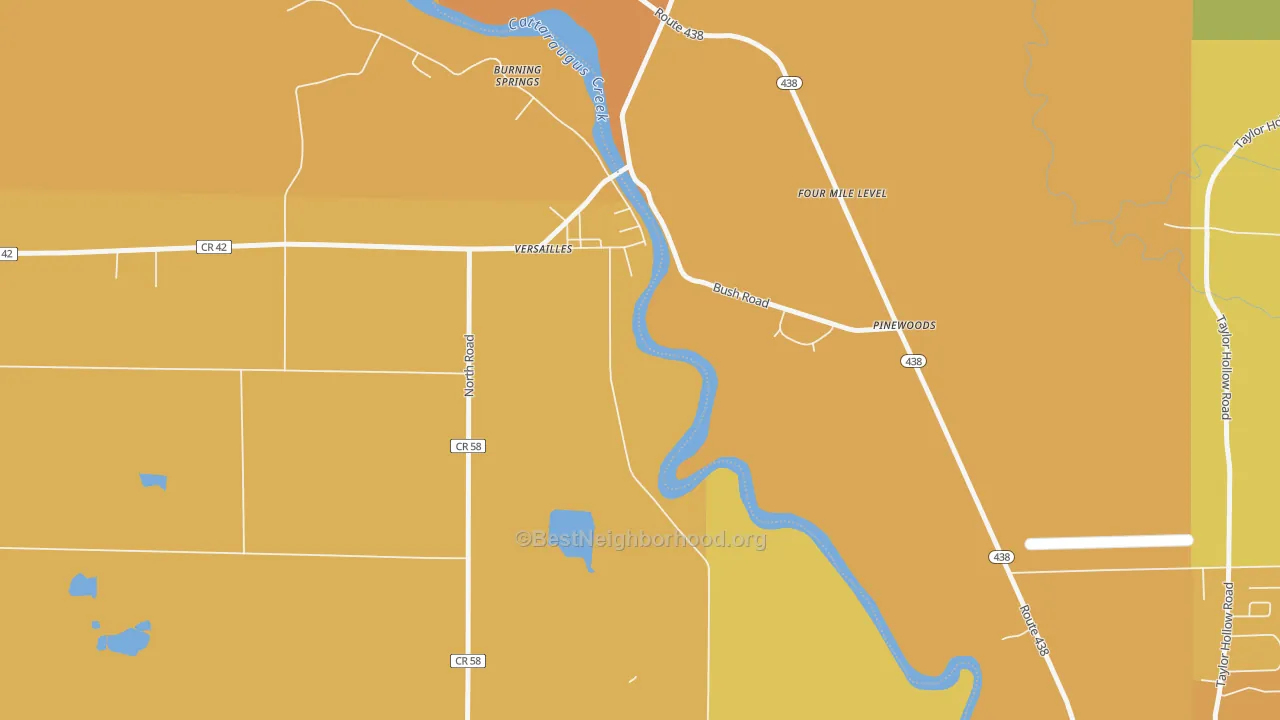 Map of the best neighborhoods in the 14168 area, with better matches in green and worse matches in red