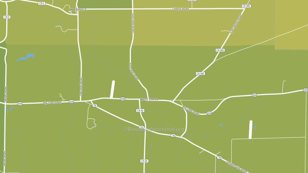 Map of the best neighborhoods in the 14169 area, with better matches in green and worse matches in red