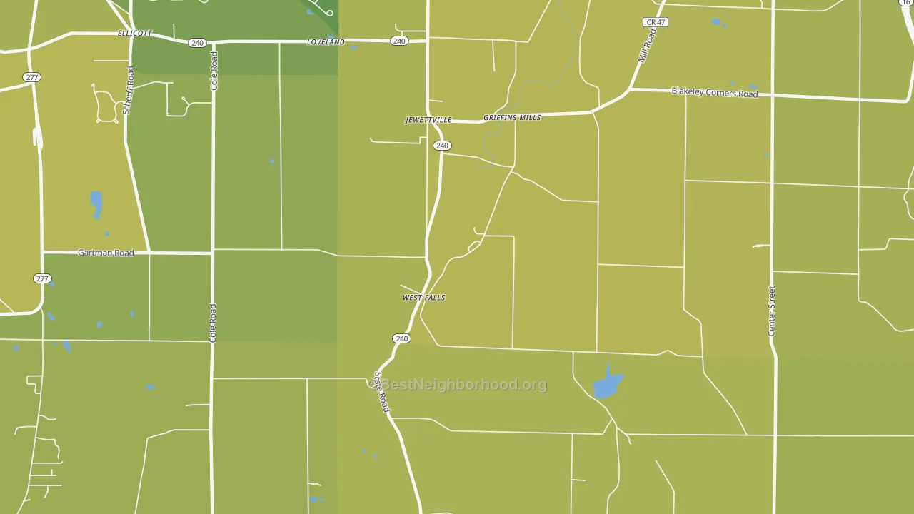 Map of the best neighborhoods in the 14170 area, with better matches in green and worse matches in red