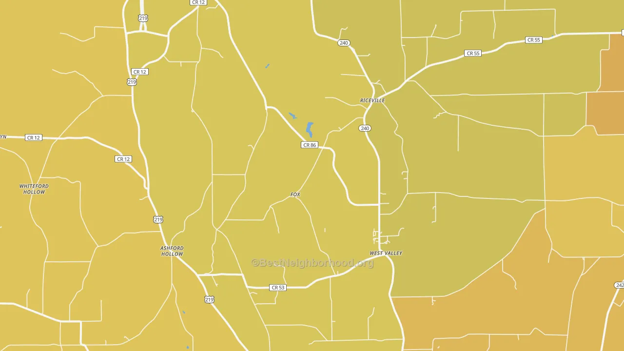 Map of the best neighborhoods in the 14171 area, with better matches in green and worse matches in red