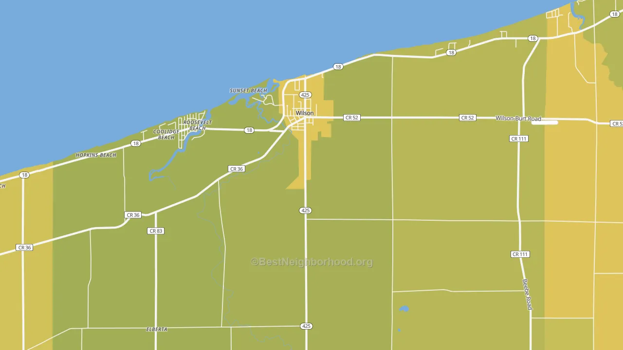 Map of the best neighborhoods in the 14172 area, with better matches in green and worse matches in red