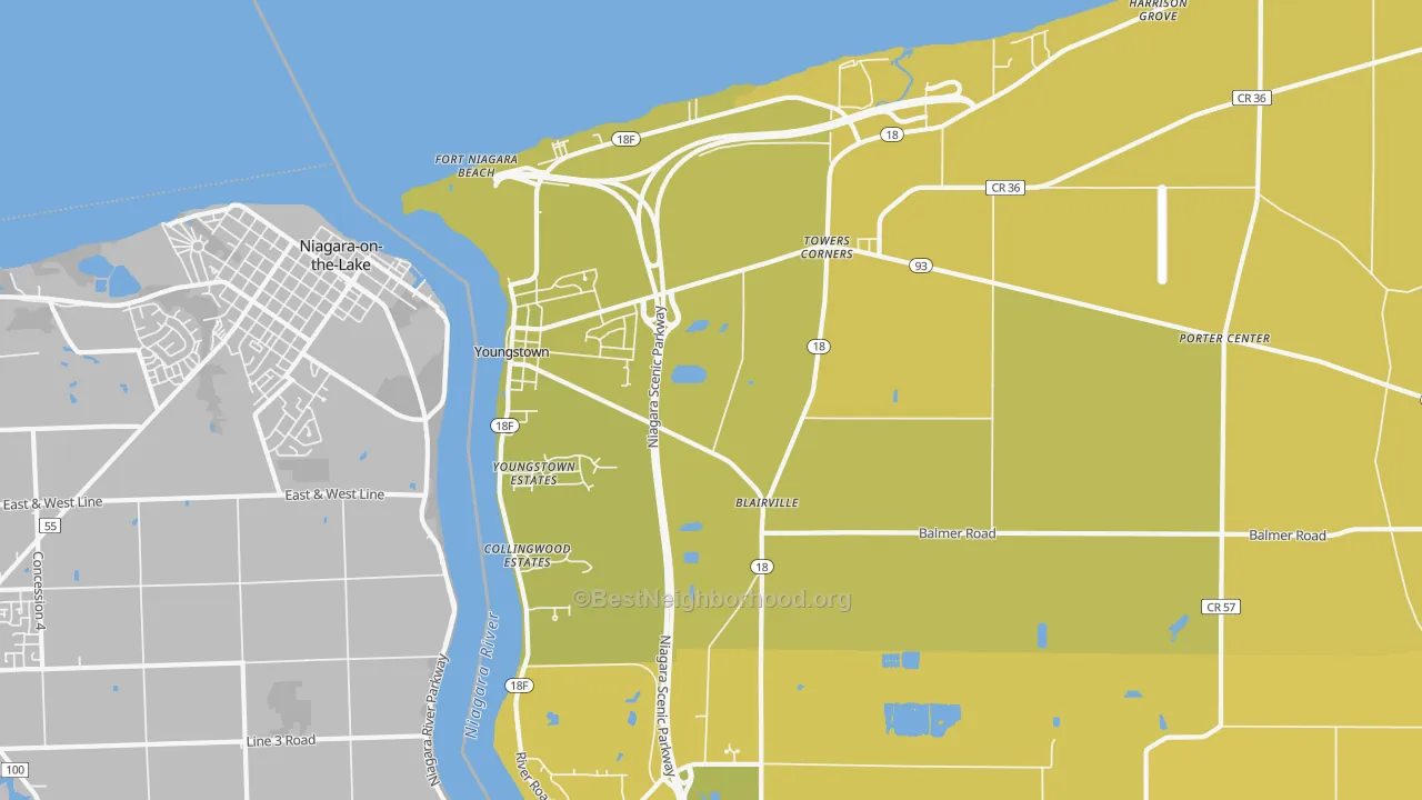 Map of the best neighborhoods in the 14174 area, with better matches in green and worse matches in red