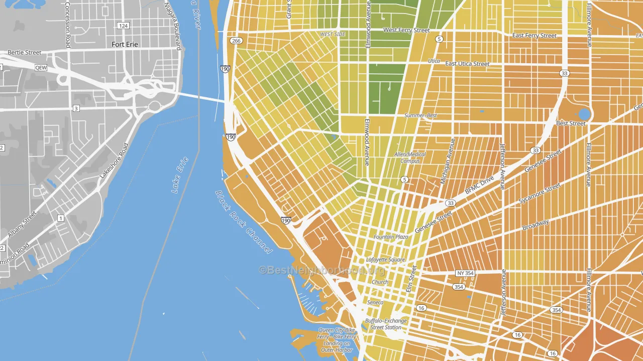 Map of the best neighborhoods in the 14201 area, with better matches in green and worse matches in red