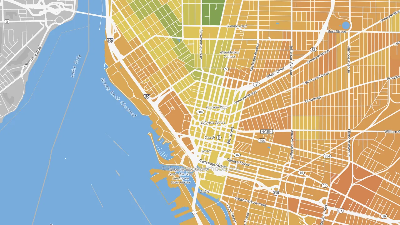 Map of the best neighborhoods in the 14202 area, with better matches in green and worse matches in red