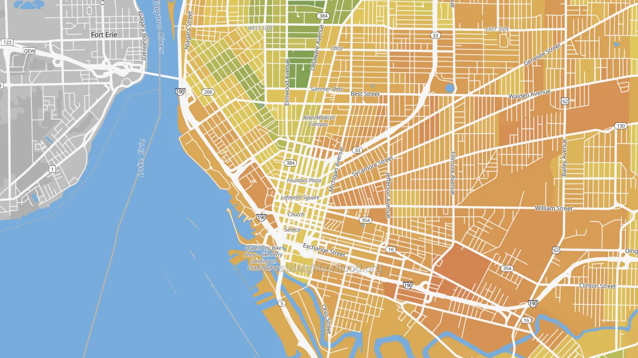 Map of the best neighborhoods in the 14203 area, with better matches in green and worse matches in red