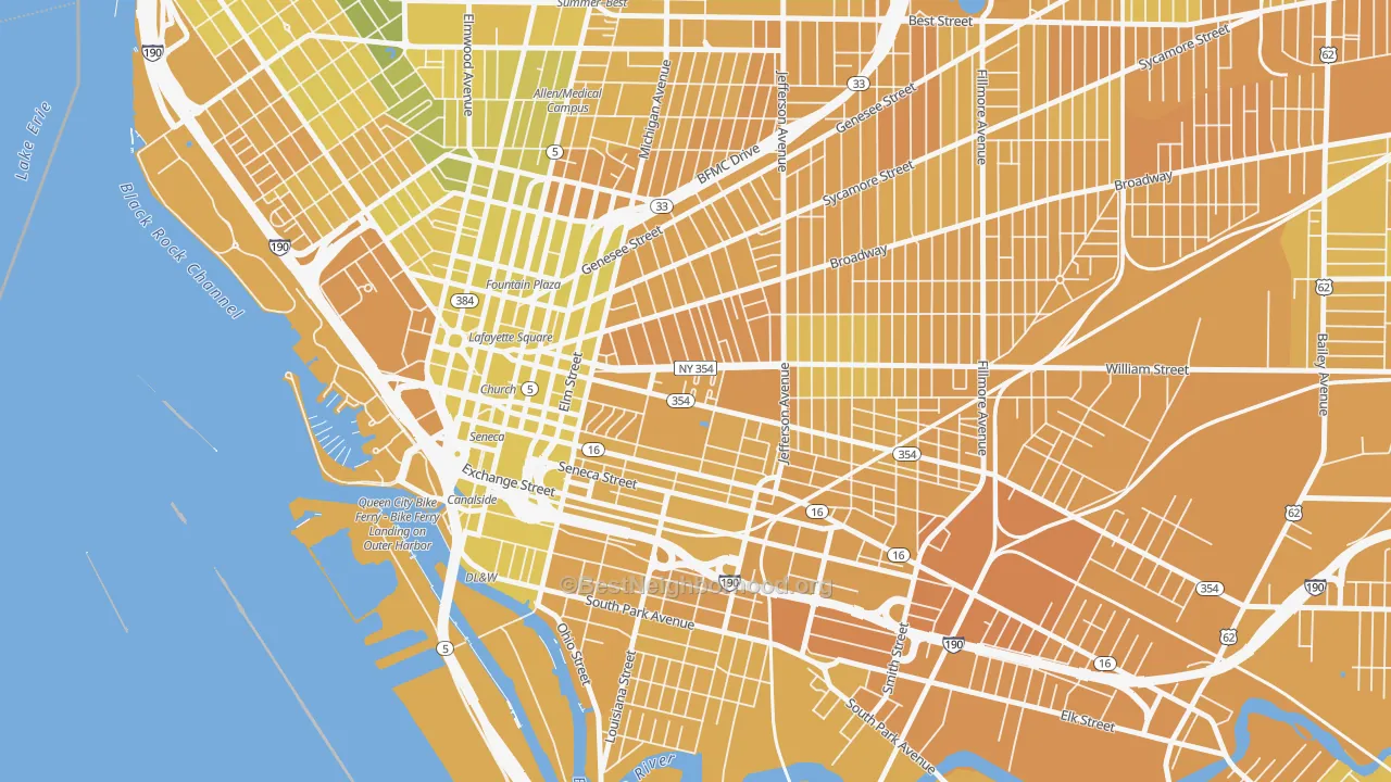 Map of the best neighborhoods in the 14204 area, with better matches in green and worse matches in red