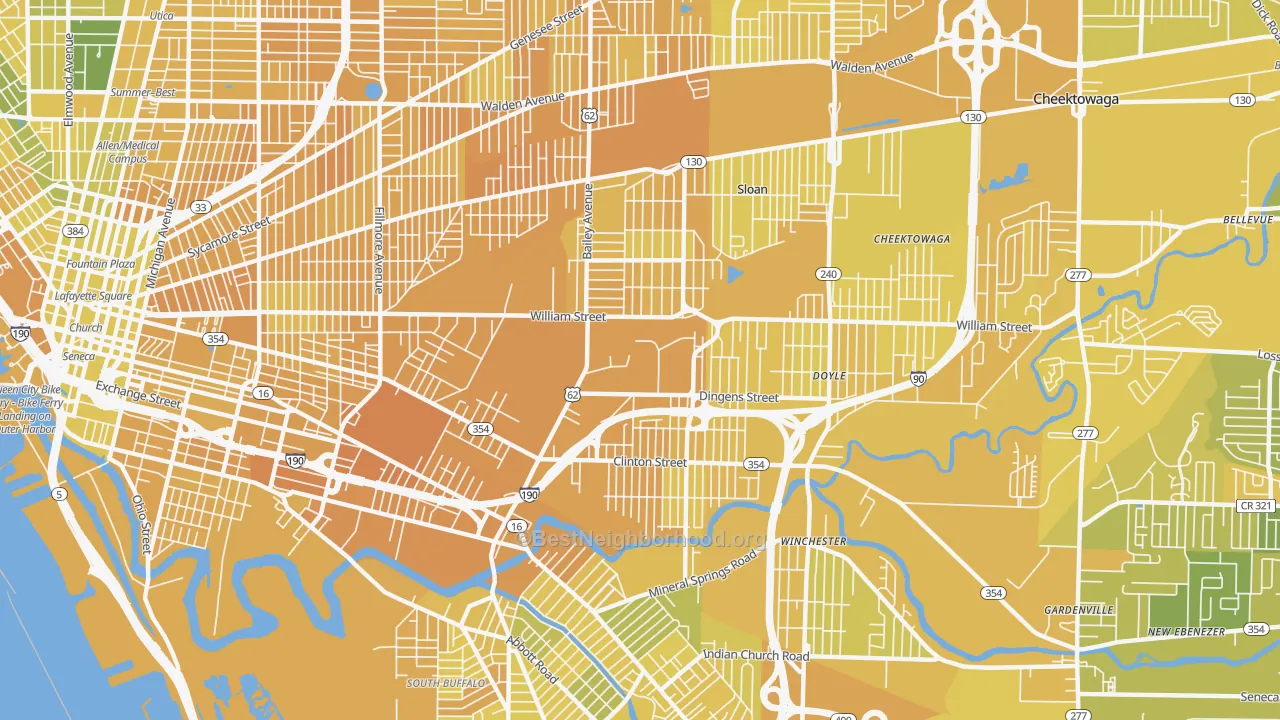 Map of the best neighborhoods in the 14206 area, with better matches in green and worse matches in red