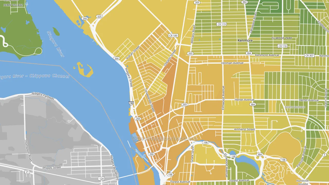 Map of the best neighborhoods in the 14207 area, with better matches in green and worse matches in red