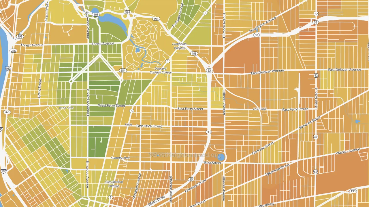 Map of the best neighborhoods in the 14208 area, with better matches in green and worse matches in red