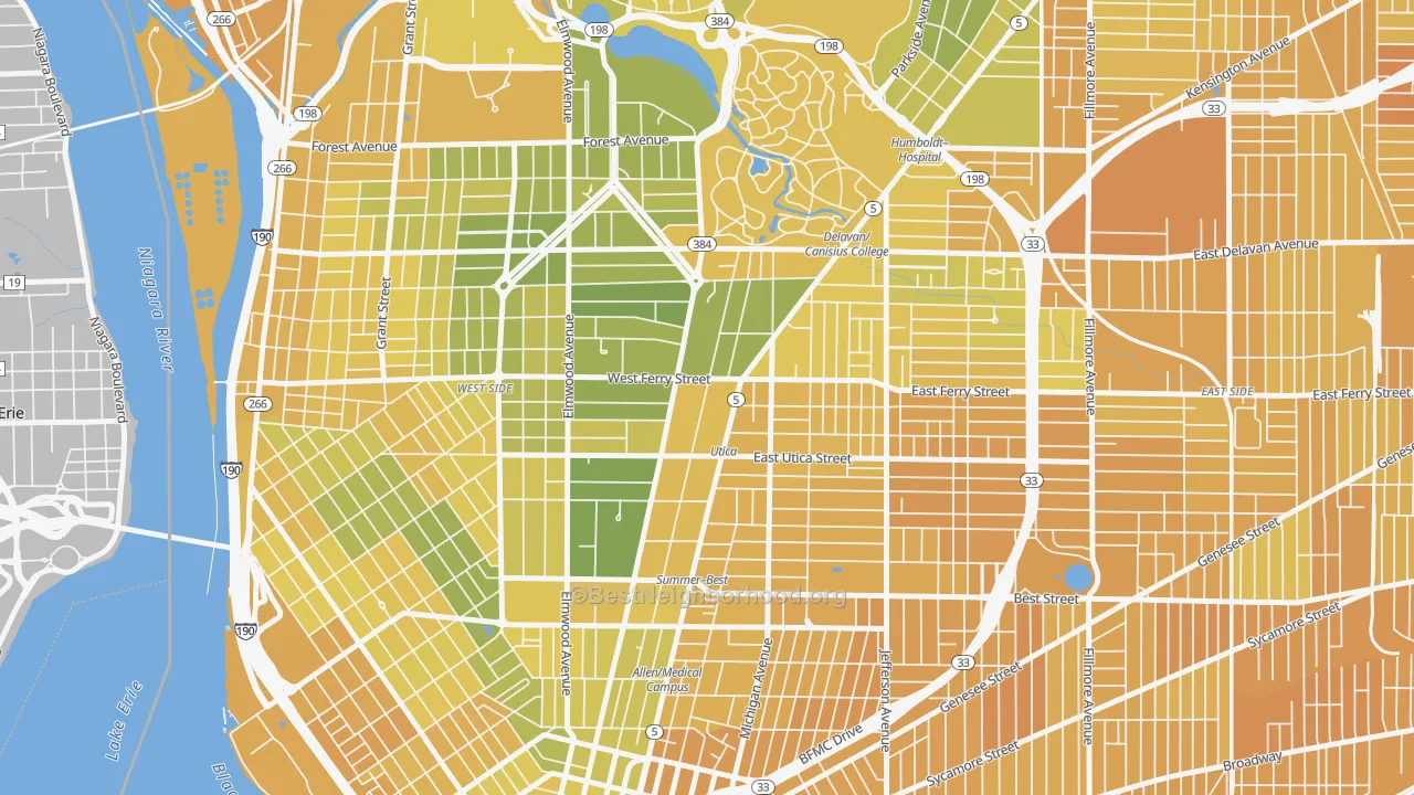 Map of the best neighborhoods in the 14209 area, with better matches in green and worse matches in red