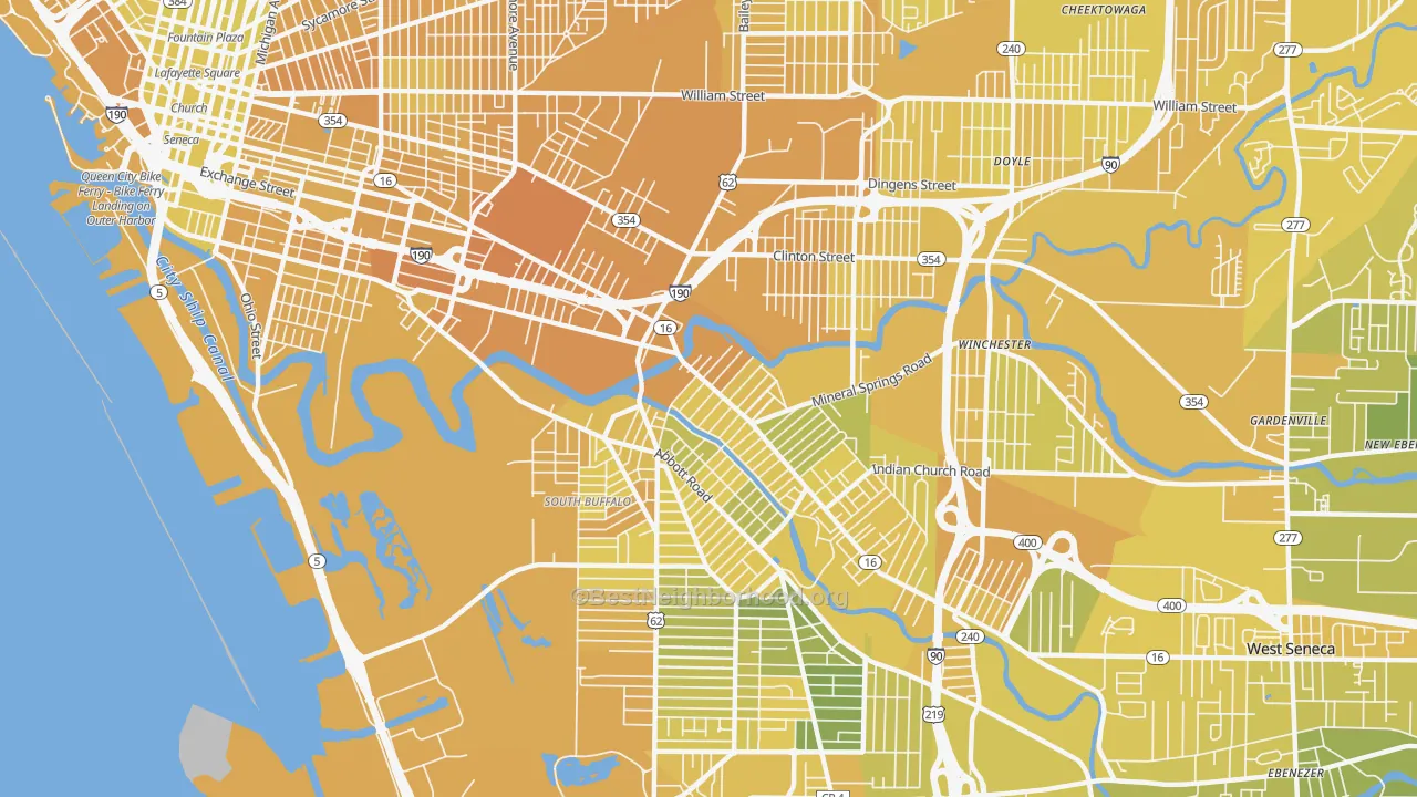 Map of the best neighborhoods in the 14210 area, with better matches in green and worse matches in red