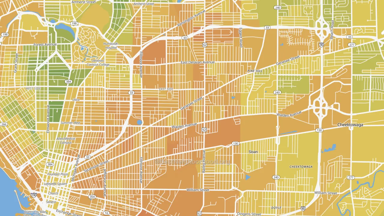 Map of the best neighborhoods in the 14211 area, with better matches in green and worse matches in red