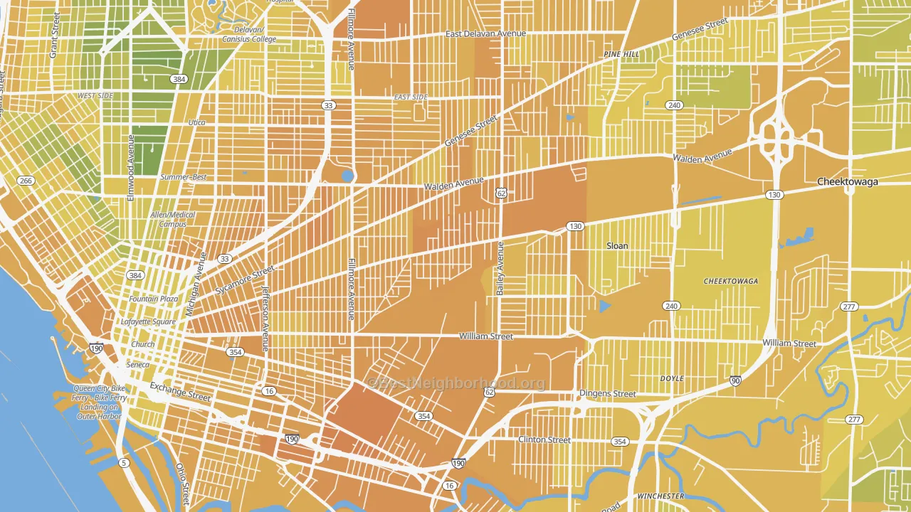 Map of the best neighborhoods in the 14212 area, with better matches in green and worse matches in red
