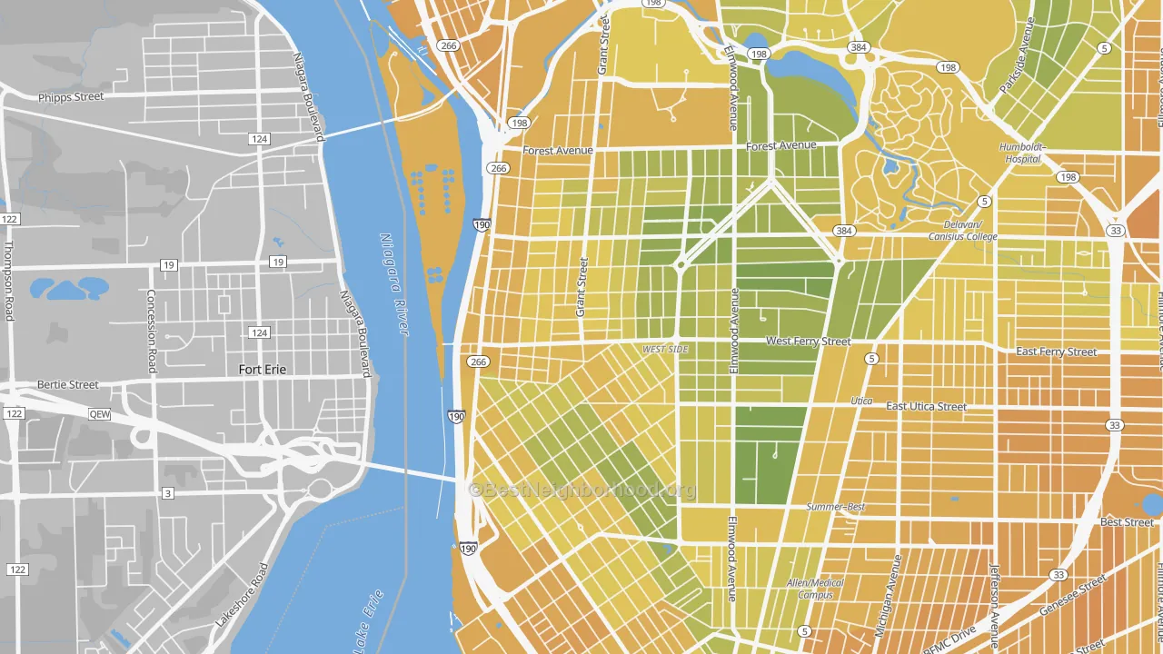 Map of the best neighborhoods in the 14213 area, with better matches in green and worse matches in red