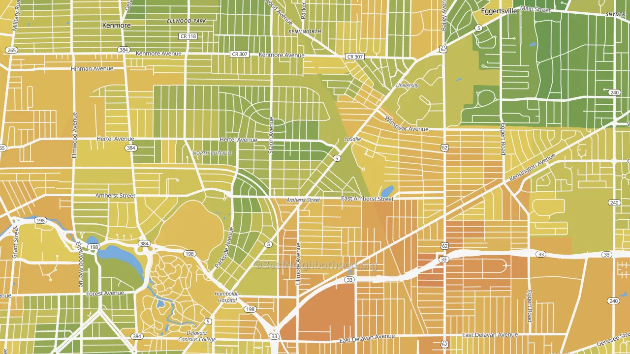 Map of the best neighborhoods in the 14214 area, with better matches in green and worse matches in red