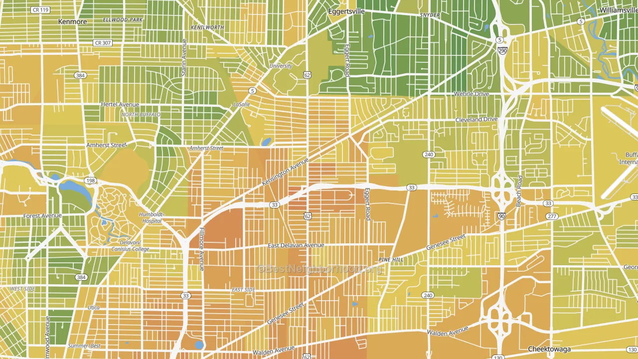 Map of the best neighborhoods in the 14215 area, with better matches in green and worse matches in red