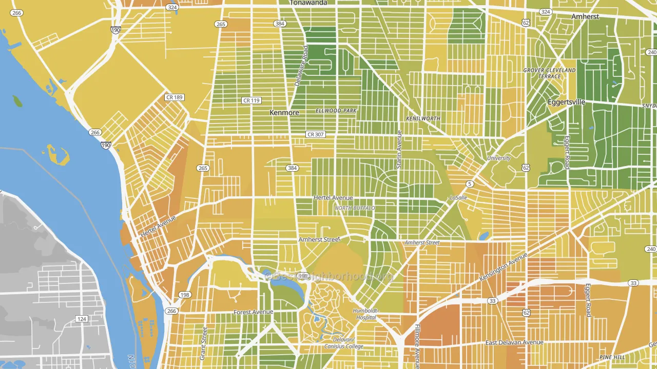 Map of the best neighborhoods in the 14216 area, with better matches in green and worse matches in red