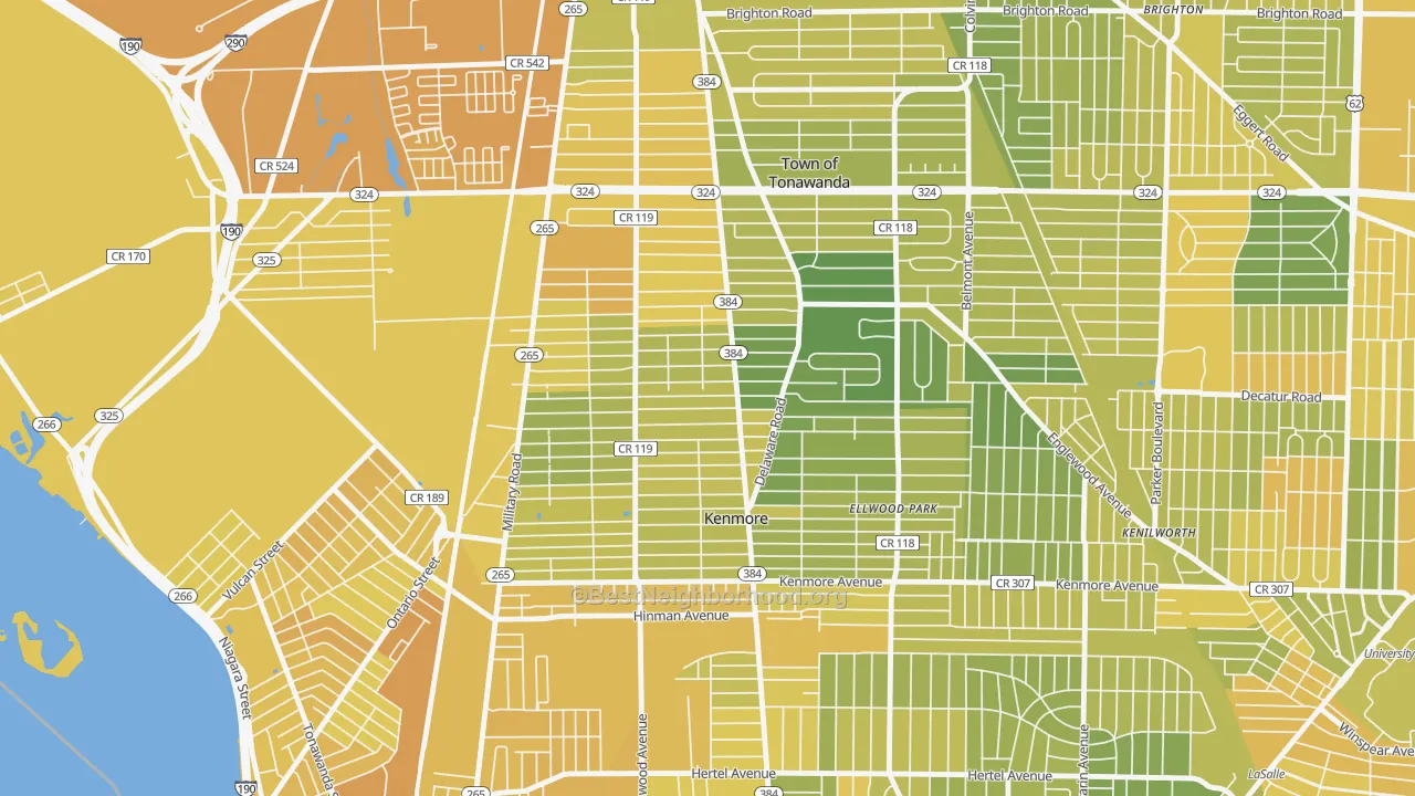Map of the best neighborhoods in the 14217 area, with better matches in green and worse matches in red