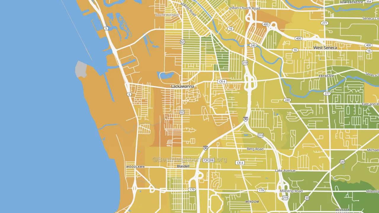 Map of the best neighborhoods in the 14218 area, with better matches in green and worse matches in red