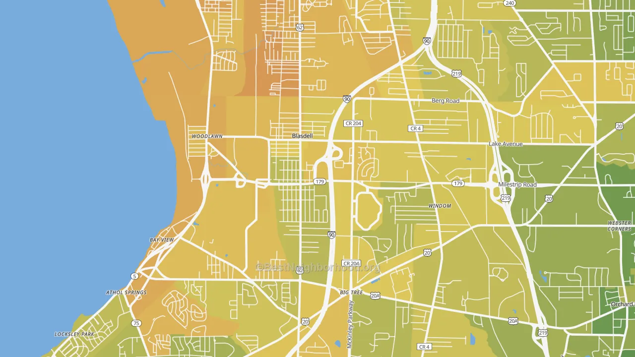 Map of the best neighborhoods in the 14219 area, with better matches in green and worse matches in red