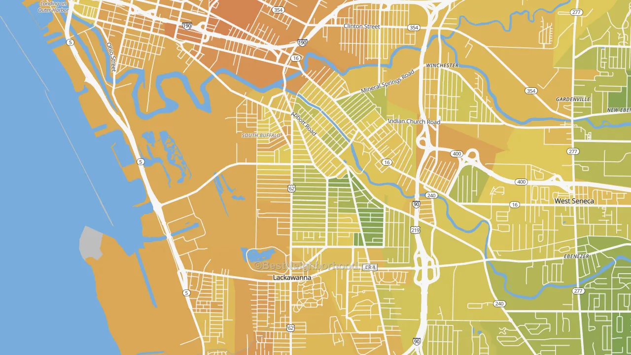 Map of the best neighborhoods in the 14220 area, with better matches in green and worse matches in red