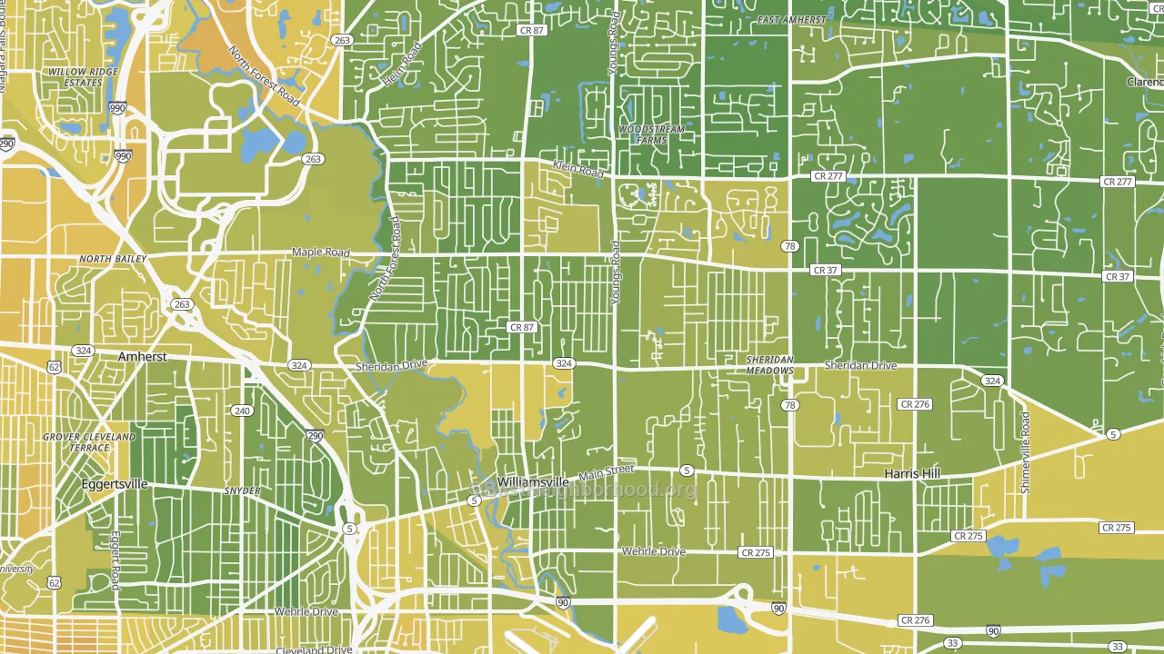 Map of the best neighborhoods in the 14221 area, with better matches in green and worse matches in red