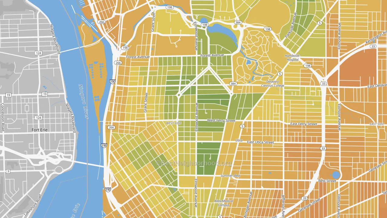 Map of the best neighborhoods in the 14222 area, with better matches in green and worse matches in red