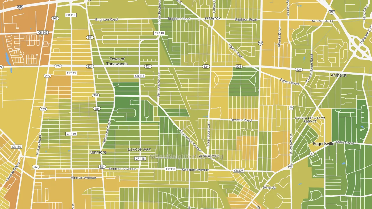 Map of the best neighborhoods in the 14223 area, with better matches in green and worse matches in red