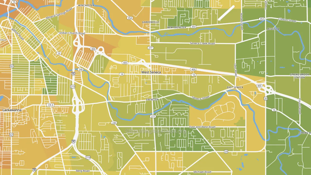 Map of the best neighborhoods in the 14224 area, with better matches in green and worse matches in red