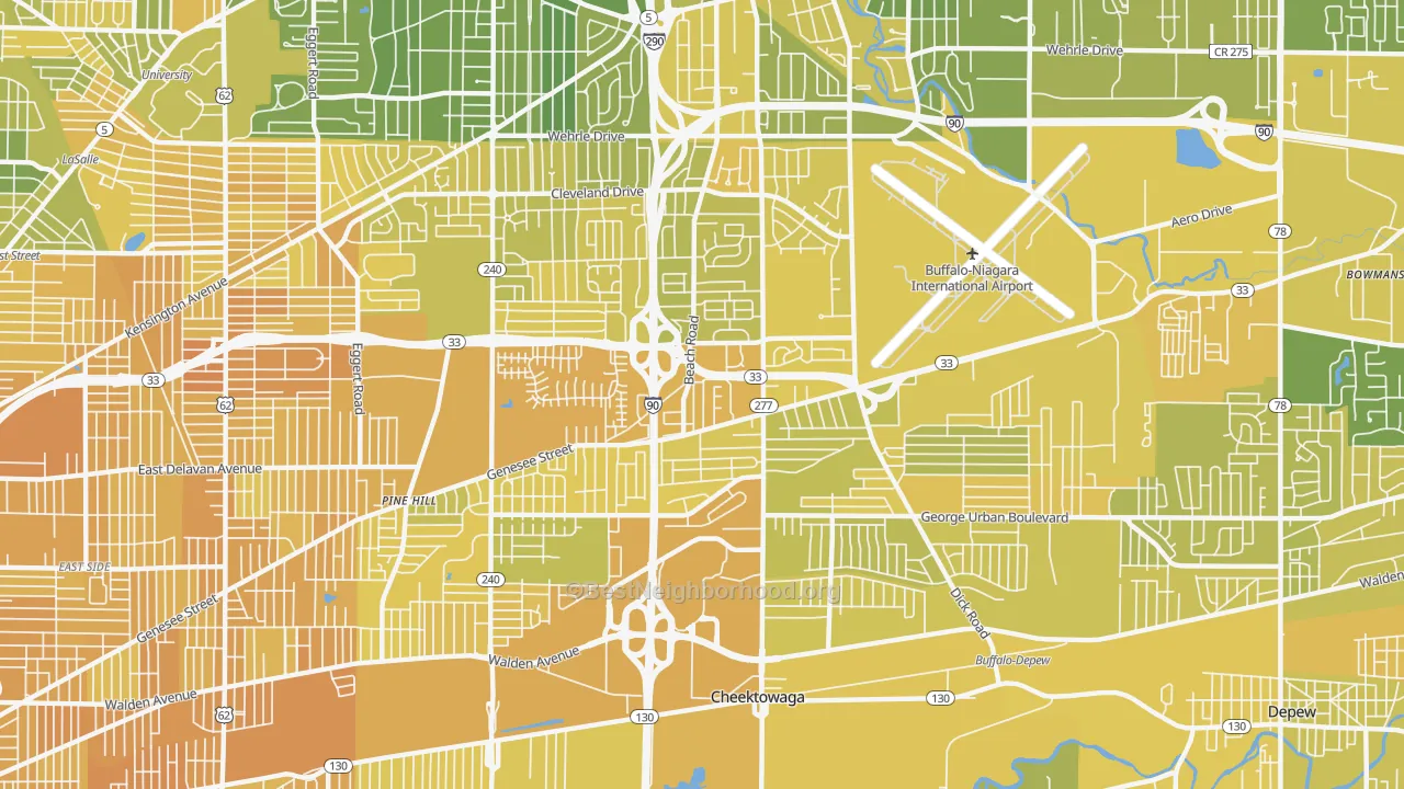 Map of the best neighborhoods in the 14225 area, with better matches in green and worse matches in red