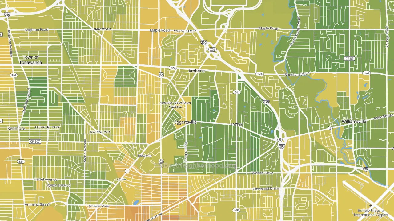 Map of the best neighborhoods in the 14226 area, with better matches in green and worse matches in red