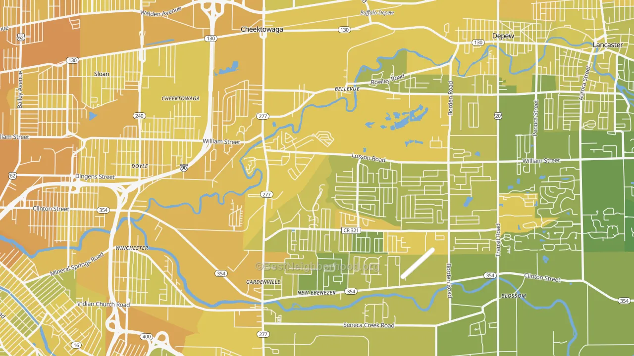 Map of the best neighborhoods in the 14227 area, with better matches in green and worse matches in red