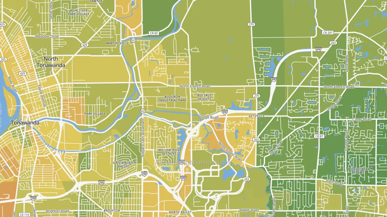 Map of the best neighborhoods in the 14228 area, with better matches in green and worse matches in red