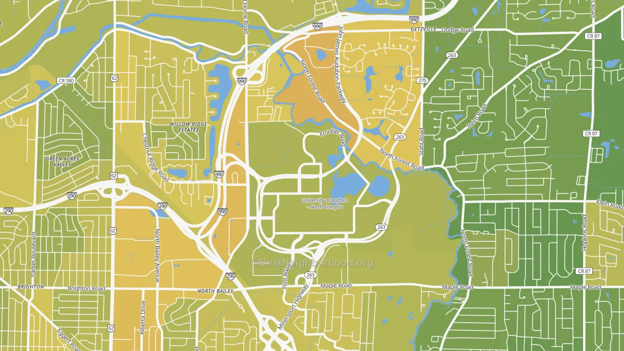 Map of the best neighborhoods in the 14261 area, with better matches in green and worse matches in red