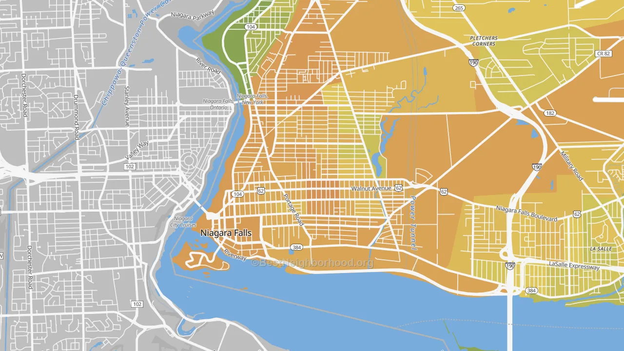 Map of the best neighborhoods in the 14301 area, with better matches in green and worse matches in red