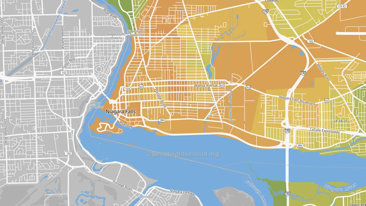 Map of the best neighborhoods in the 14303 area, with better matches in green and worse matches in red