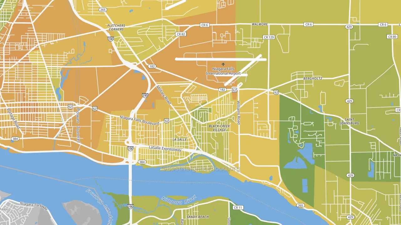 Map of the best neighborhoods in the 14304 area, with better matches in green and worse matches in red