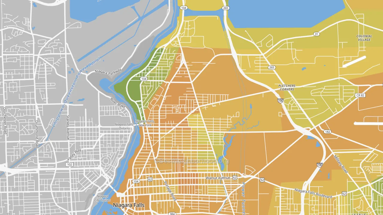 Map of the best neighborhoods in the 14305 area, with better matches in green and worse matches in red